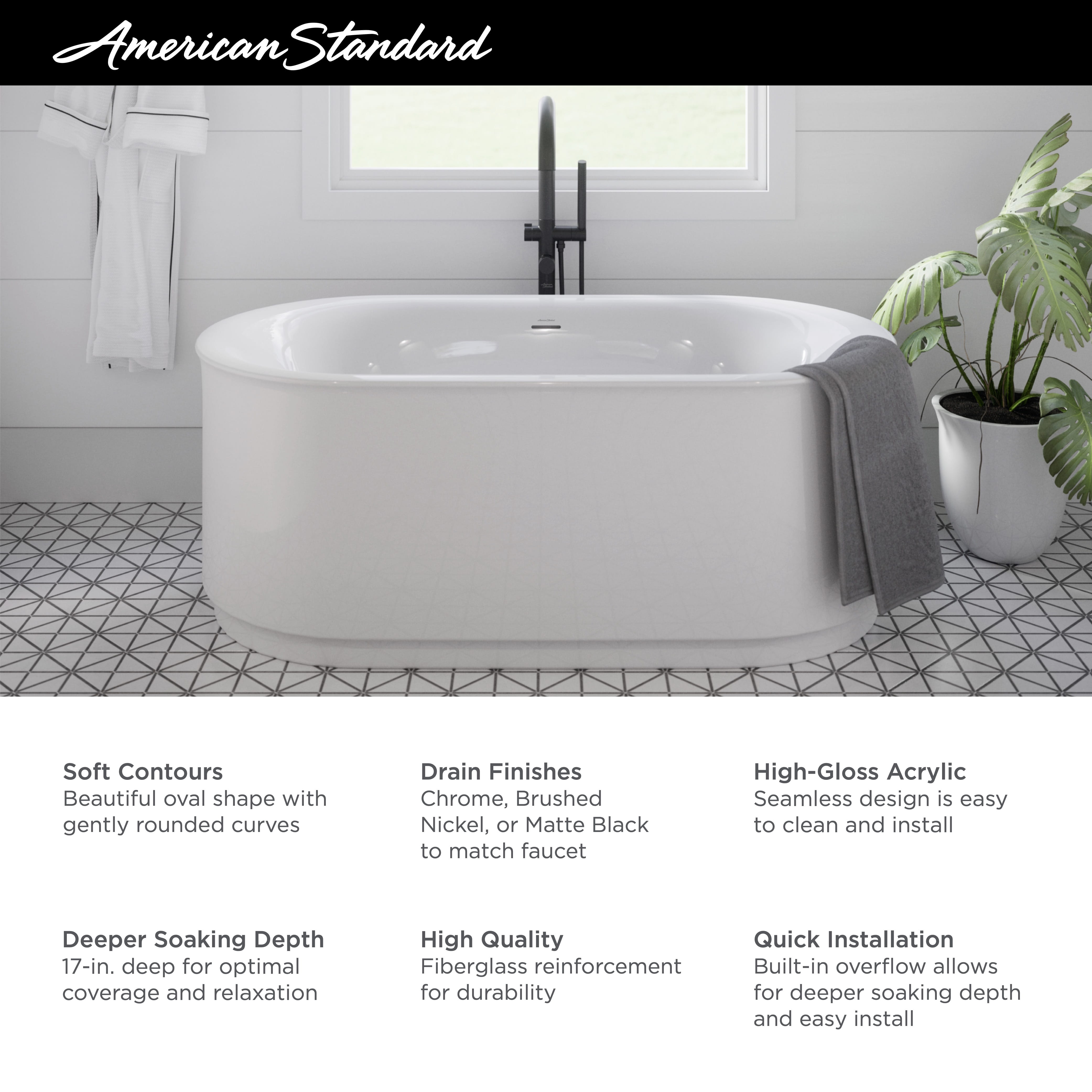 Studio S  68 x 34 Inch Freestanding Bathtub Center Drain With Integrated Overflow WHITE